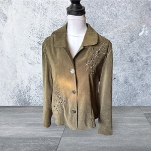 Fashion Bug Green cottage vegan suede embroidered fall blazer shirt oversize S
